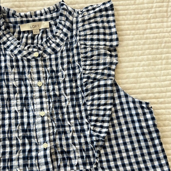 LOFT Blue and White Blouse with Smocked Details - Picture 4 of 8